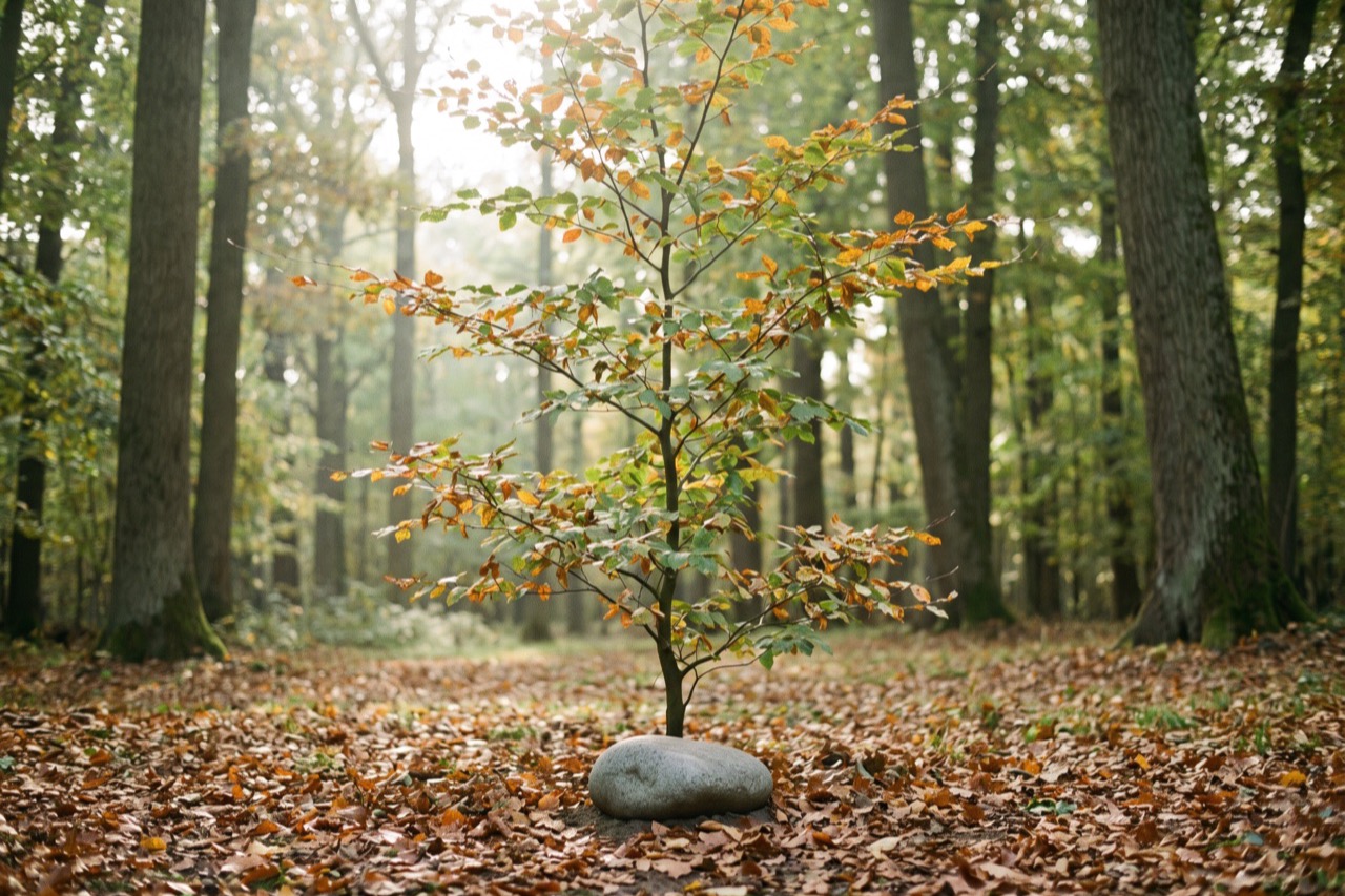 Ein junger Baum auf einer herbstlichen Waldlichtung, an seinem Fuß ein glatter Stein im Laub.