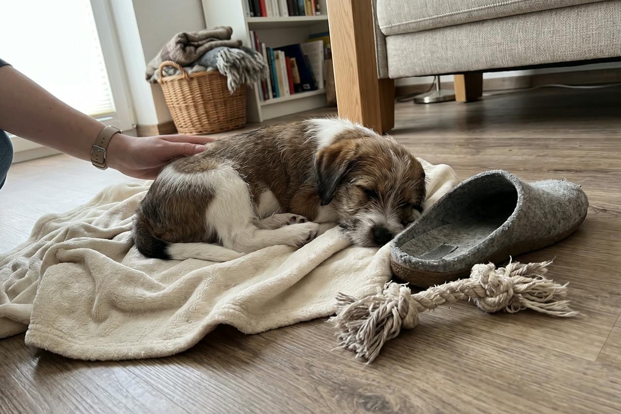 Ein Welpe schläft auf einer Decke, daneben ein angekauter Hausschuh und ein Seilspielzeug.