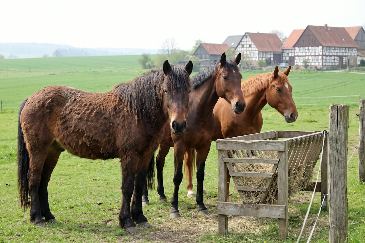 Ein älteres Pferd mit langem, welligem Fell steht auf der Koppel neben zwei Pferden mit glattem Sommerfell.