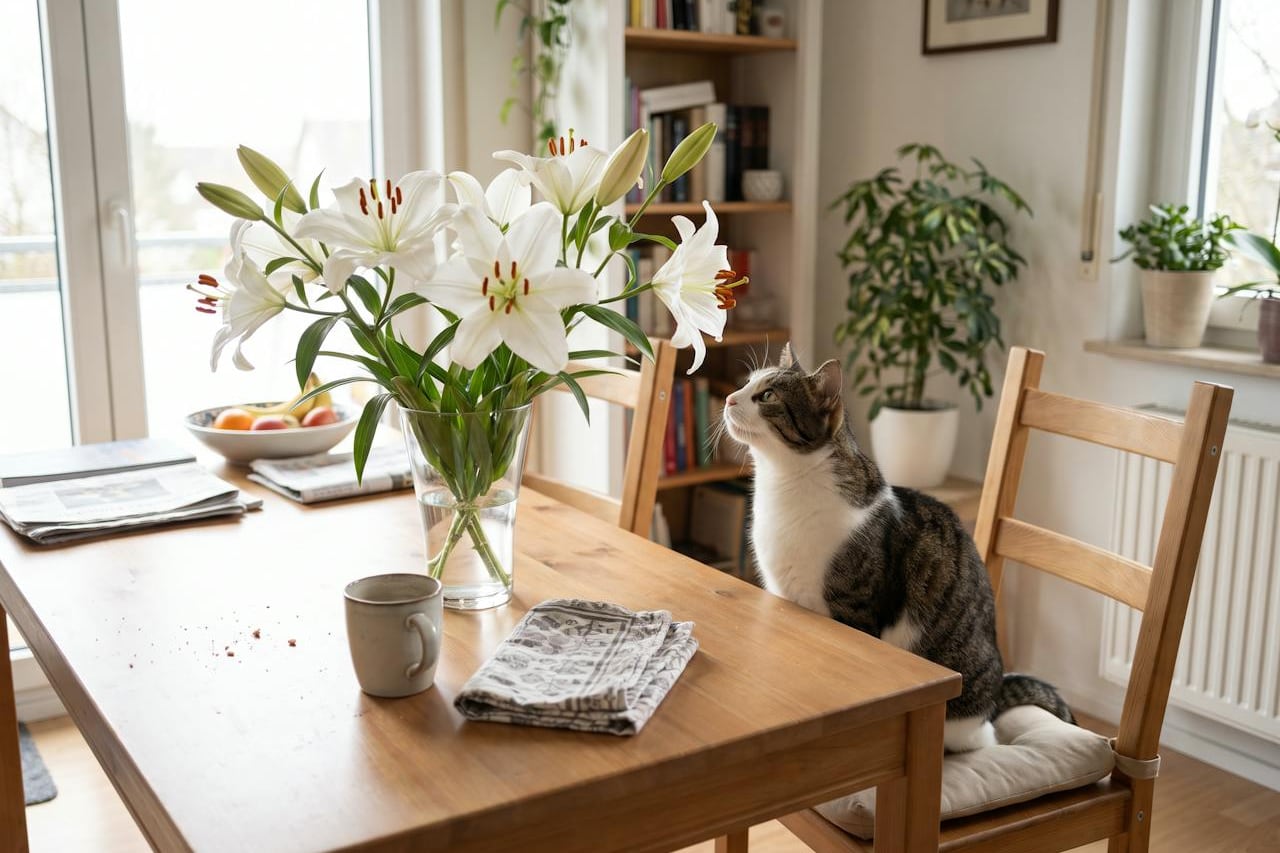 Eine Katze sitzt auf einem Stuhl am Esstisch und schaut zu einem Strauß weißer Lilien in der Vase.