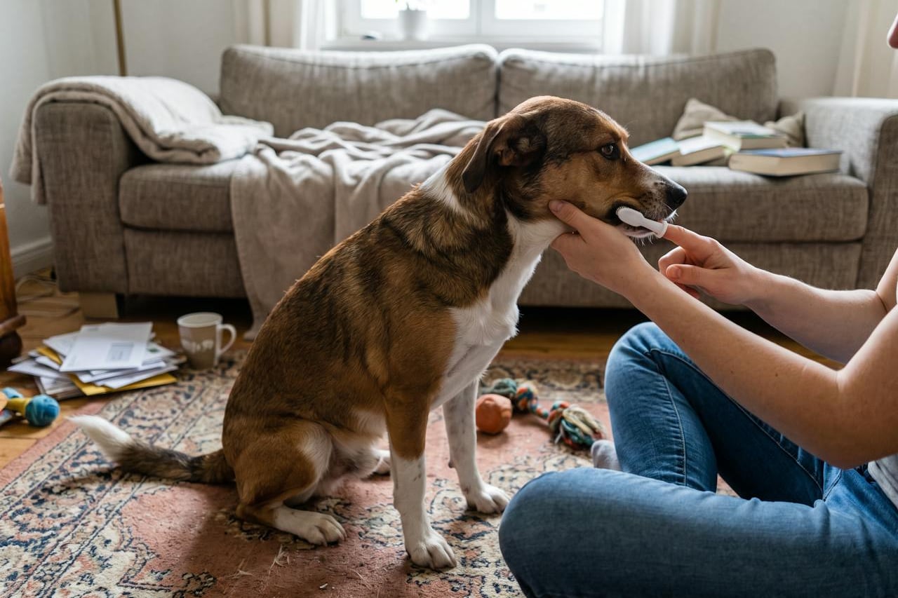 Eine Person sitzt im Wohnzimmer auf dem Teppich und putzt einem ruhig sitzenden Hund mit einem Fingerling die Zähne.