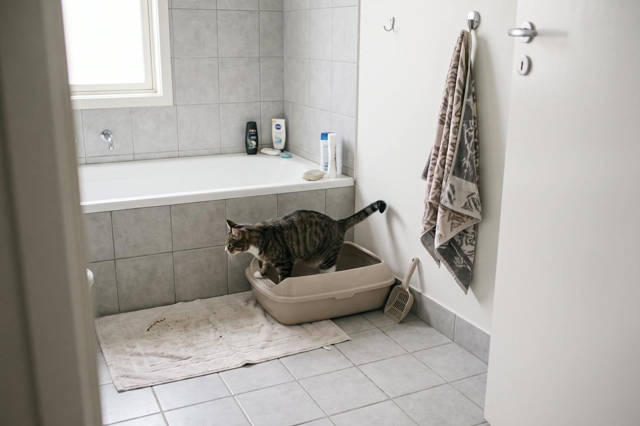 Eine Katze steigt im Badezimmer neben der Badewanne in ihr Katzenklo.