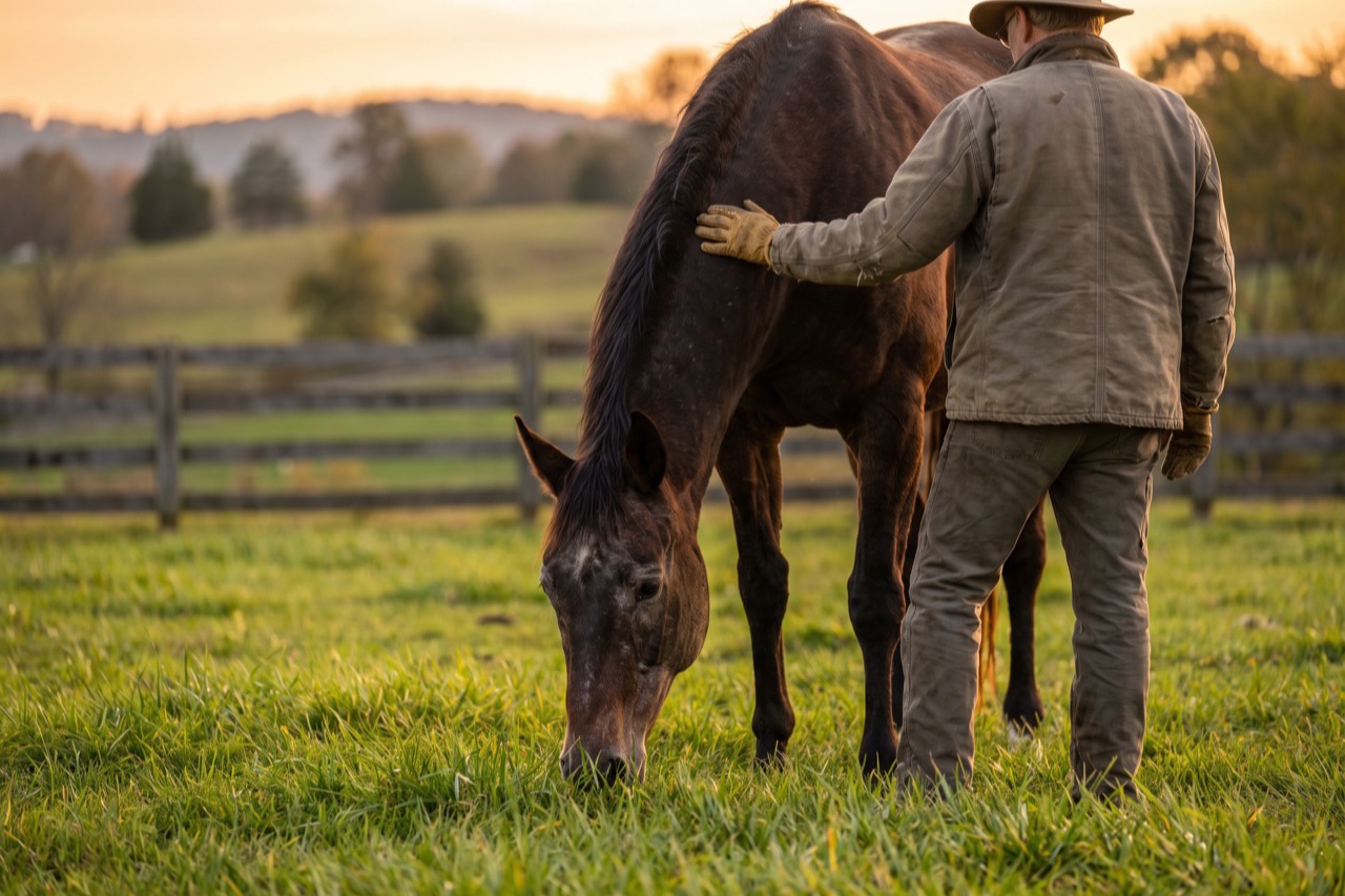 Ein älteres Pferd grast im Abendlicht auf der Weide, ein Mann steht daneben und legt ihm die Hand an den Hals.