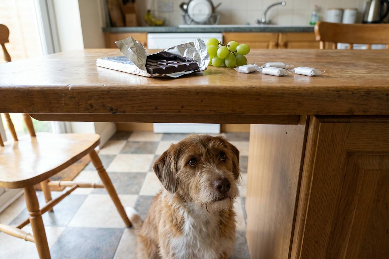 Ein Hund schaut unter dem Küchentisch hoch, auf dem Schokolade, Weintrauben und Kaugummi liegen.