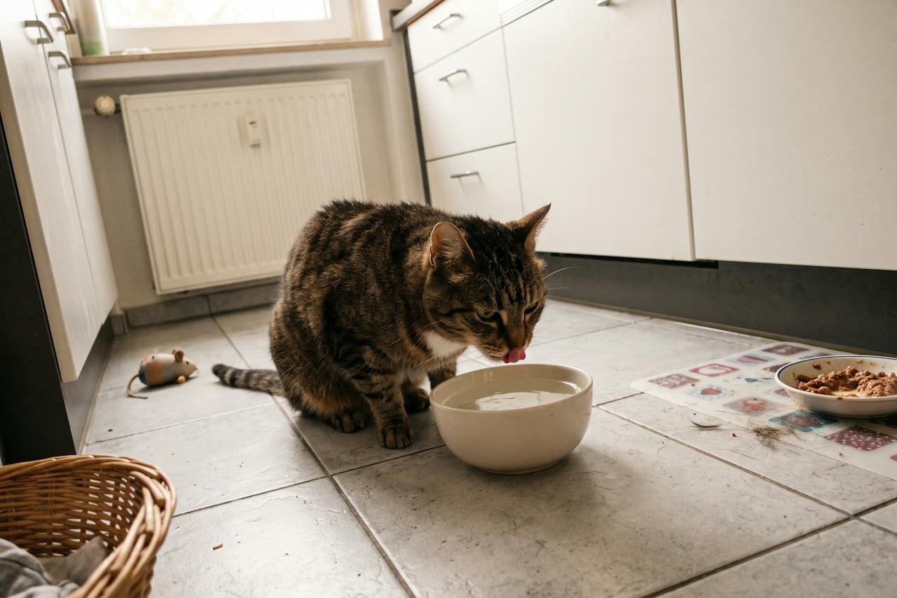 Eine getigerte Katze trinkt in der Küche aus einem Wassernapf, daneben ein Napf mit Nassfutter.