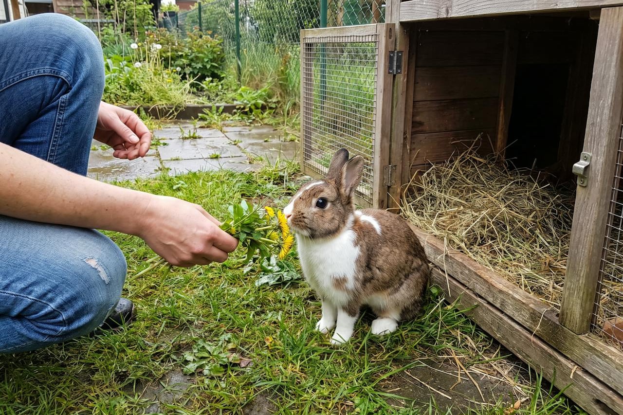 Eine Hand hält einem Kaninchen am Gehege frischen Löwenzahn hin.