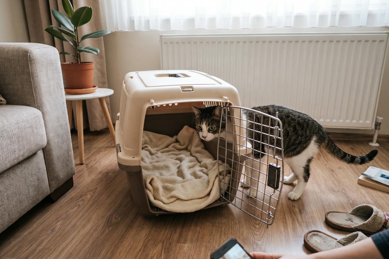 Eine Katze schaut neugierig in eine offene Transportbox mit Decke, die im Wohnzimmer steht.