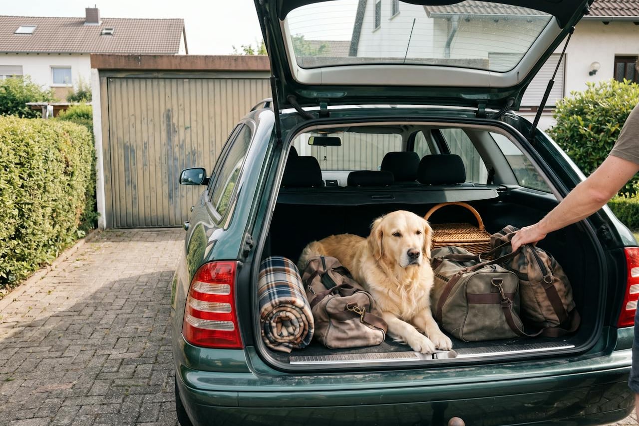 Ein Hund liegt im offenen Kofferraum eines Kombis zwischen gepackten Reisetaschen.