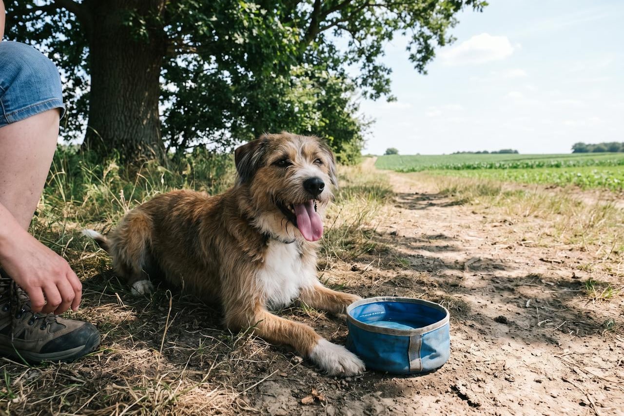 Ein Hund ruht im Schatten eines Baumes am Feldweg, neben ihm ein Faltnapf mit Wasser.
