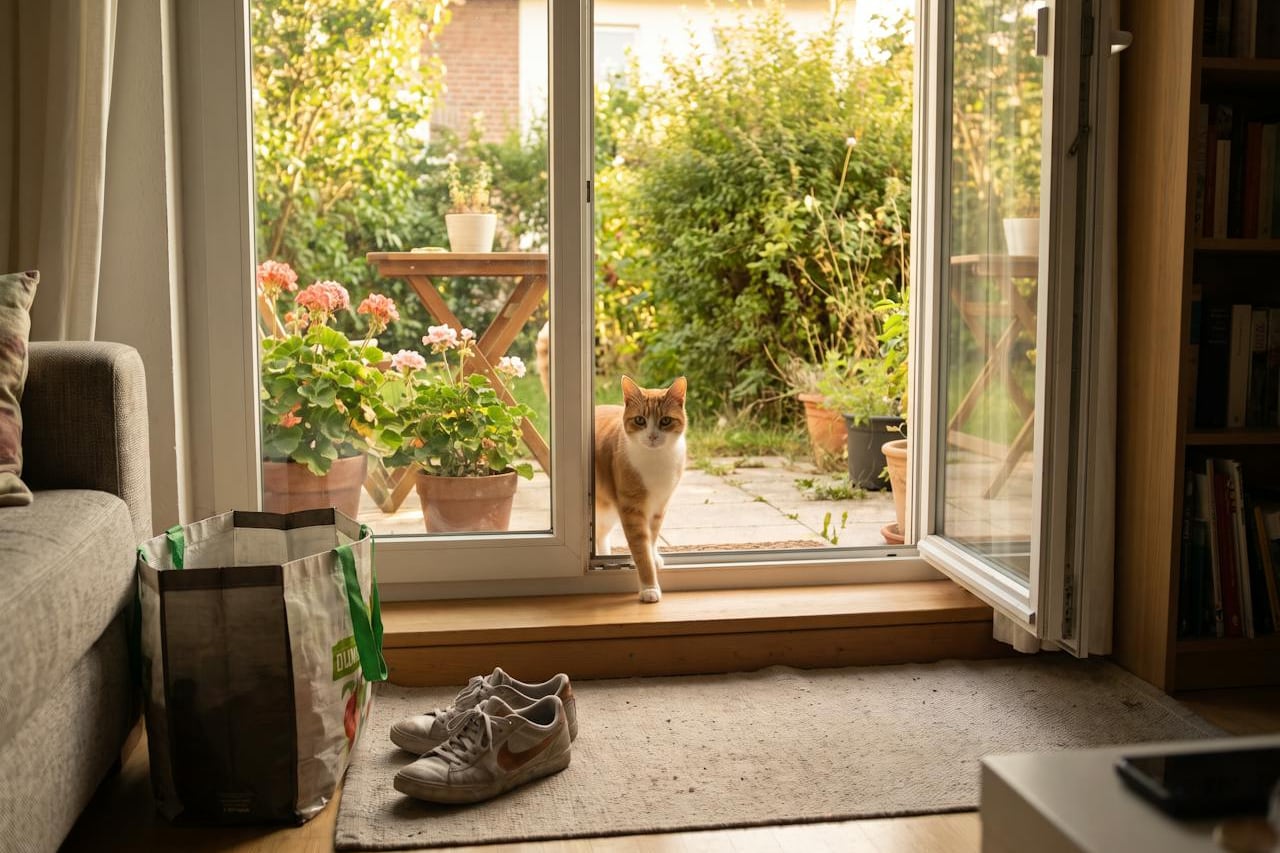 Eine rot getigerte Katze kommt durch die offene Terrassentür vom Garten ins Wohnzimmer.