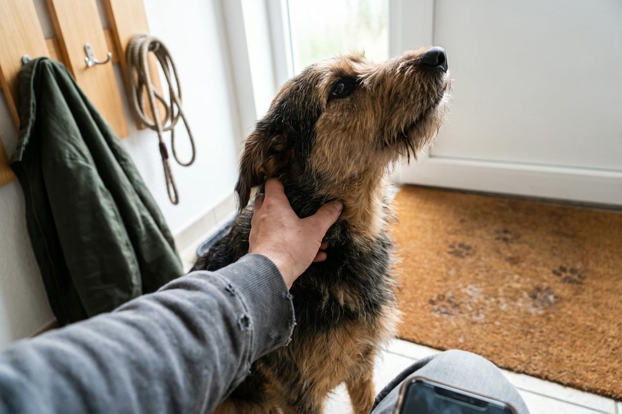 Eine Hand fährt nach dem Spaziergang durch das Halsfell eines Hundes, im Hintergrund die Garderobe.